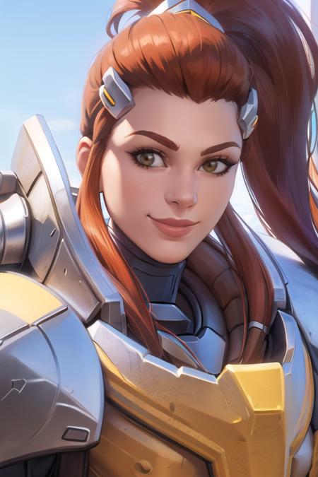 4291411773-940073007-portrait, brigitte, armor, hair ornament, smile, looking at viewer, blue sky, sunlight, best quality,.png